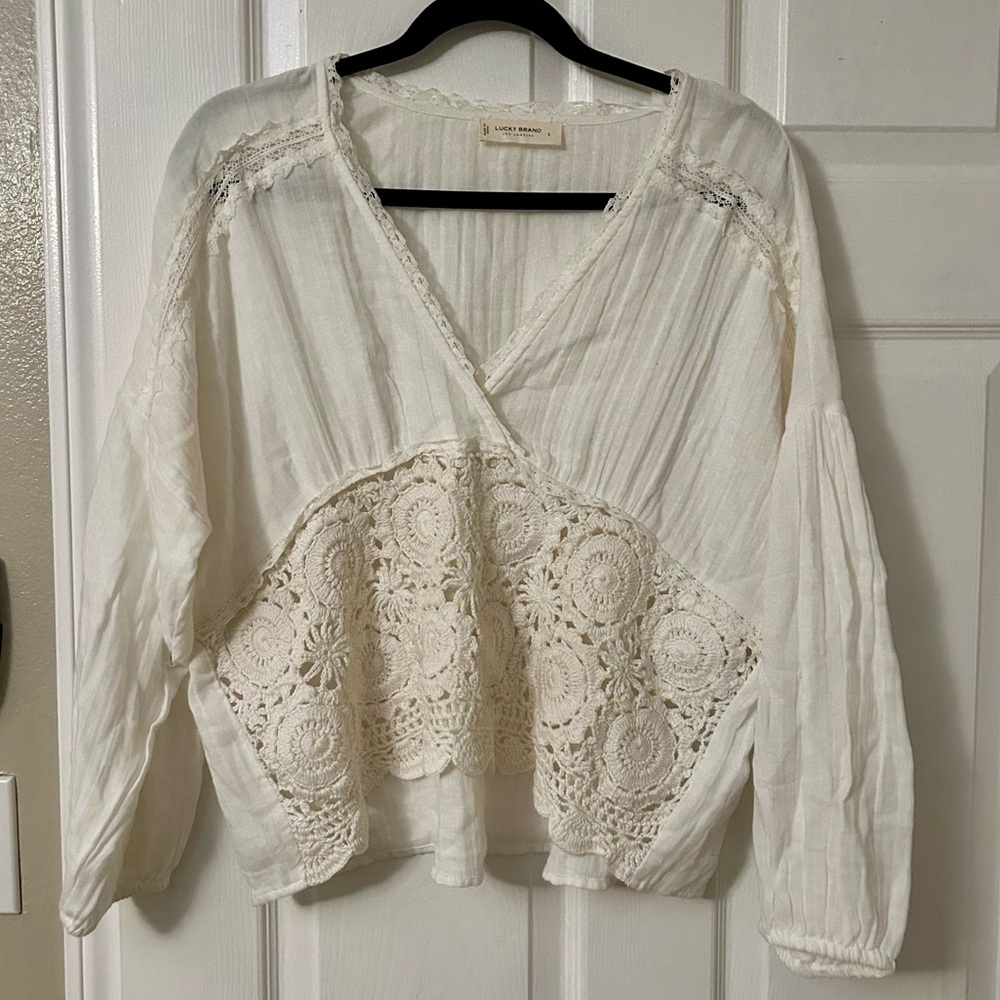 Lucky Brand White Embroidered V-Neck Blouse